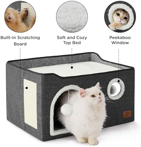 Bedsure Extra Wide Cat House Bed with Fluffy Ball and Scratch Pad