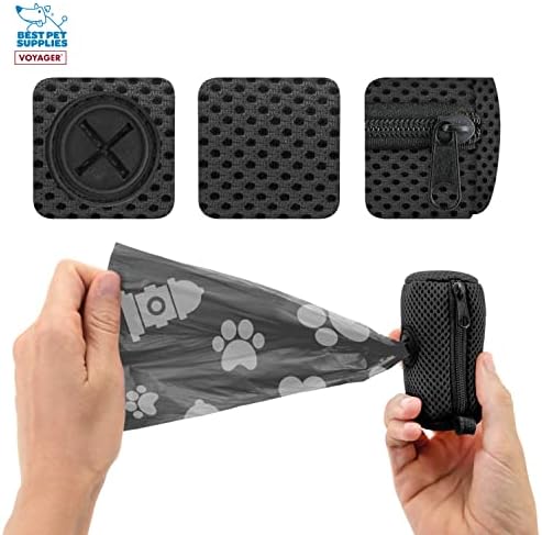 Best Pet Supplies Dog Poop Bag Holder Leash Attachment with 15 Bags, Black, Reusable Mesh Dispenser Pouch for Travel, Walking, Park, and Outdoor Use, Soft and Durable with Clip-On (Pack of 2)