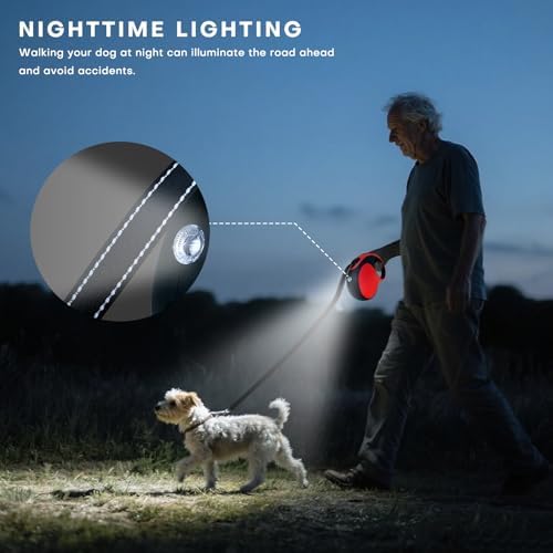 Retractable Dog Leash with LED Light Rechargeable,16Ft Heavy Duty Dog Leash for Medium Large Dogs up to 110lbs,360°No Tangle,One-Handed Brake,Pause,Lock(Red)