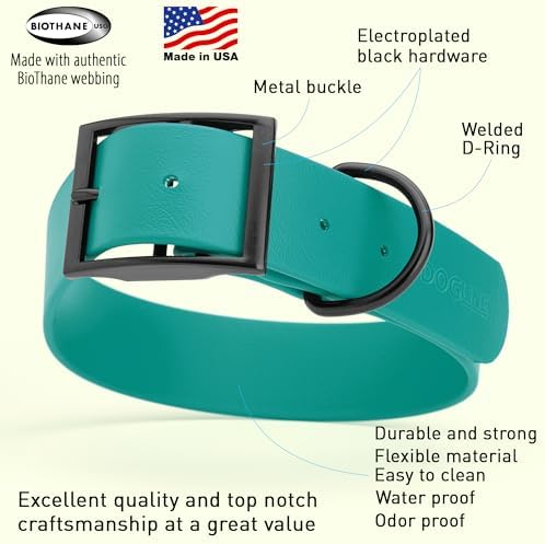 Dogline Biothane Waterproof Dog Collar Strong Coated Nylon Webbing with Black Hardware Odor- Proof for Easy Care Easy to Clean High Performance Fits Small Medium or Large Dogs, Blue Aqua