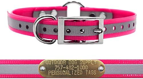 Reflective Waterproof D & Center Ring Dog Collar w Custom Name Tag, Pink