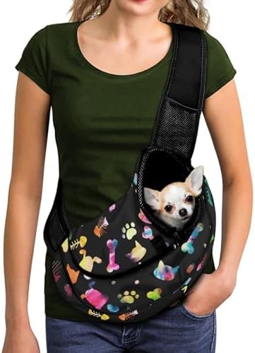 Cute Dog Paw Print Dog Sling Carrier for Small Dogs Portable Cat Sling Adjustable Strap Pet Crossbody Bag for Travel Walk Breathable Mesh Cat Harness