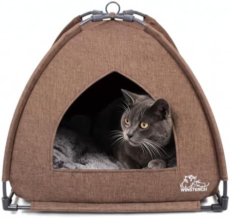 Winsterch Brown Cat Tent Covered Pet House for Indoor Cats Washable Cushion