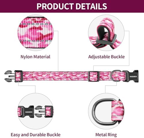 Kazazoo Small Dog Collar,Reflective Puppy Collar with Soft Padding Dog Collar No Pull,Lightweight, Nylon Collar for Puppies, Bichon Frisé, Papillon & Poodle Dogs 5-15 Lbs-Pink camo-S