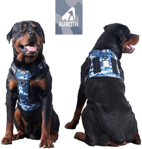 Auroth Tactical Dog Training Harness No Pulling Front Clip Leash Adhesion Reflective K9 Pet Working Vest Easy Control for Small Medium Large Dogs Blue Camo L