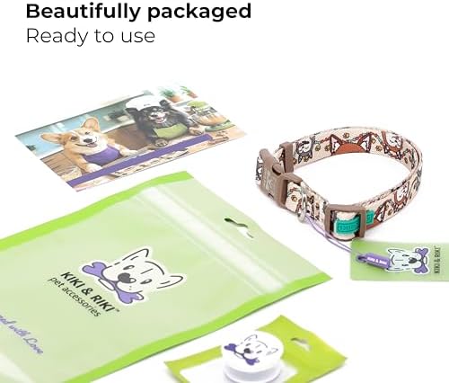 KIKI & RIKI Soft Nylon Dog Collar for Small Dogs, Adjustable, Quick-Release Buckle, Size S (Neck 9.4-14.6"), Beige Artist-Designed Print