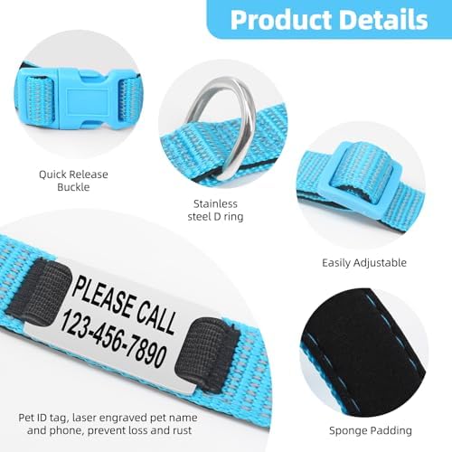 Personalized Reflective Dog Collar, Custom Engraved ID Tag Collar with Name & Phone Number Plate, Soft Neoprene Padded, Adjustable Nylon Collar for Small Medium Large Dogs (Silver ID Tag)