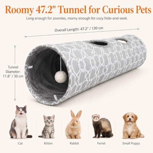 Geometric Straight Cat Tunnel with Plush Inside,Cats Toys Collapsible Tunnel Tube with Balls, for Rabbits, Kittens, Ferrets,Puppy,Diameter 11.8 Inch