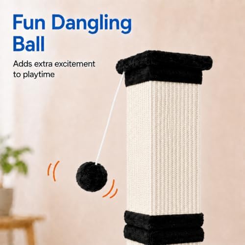 Vertical Cat Scratching Post for Indoor Cats, Sisal Scratch Tower with Soft Plush Base & Dangling Pom Ball, 32'' Tall Cat Scratcher Column, Furniture Protection, Black and White