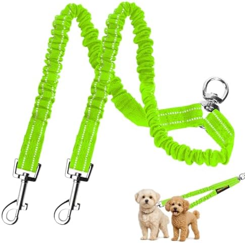 MingXpet 2 Dog Leash, Dog Leash for 2 Dogs, 360° Swivel No Tangle Double Walking Training Leashes for Large Dogs that Pull, Comfortable Shock Absorbing Reflective Bungee, Green