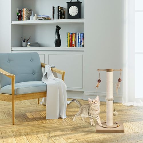 AUSCAT Cat Scratching Post with Multiple Interactive Toys, Vertical Sisal Cat Scratcher for Indoor Cats and Kittens, 24.8 inches, Beige