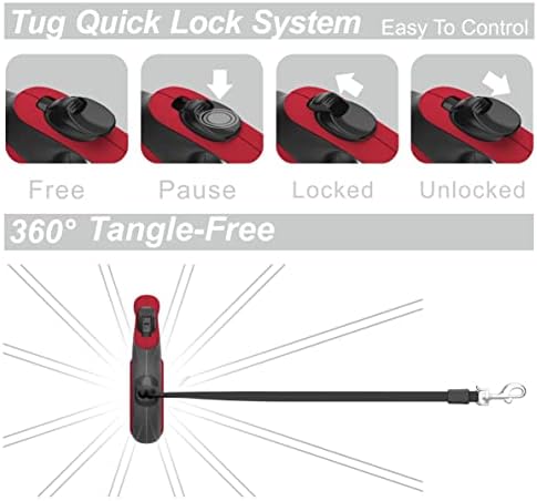 TUG 360° Tangle-Free Retractable Dog Leash with Waste Bag Dispenser (Large, Red)