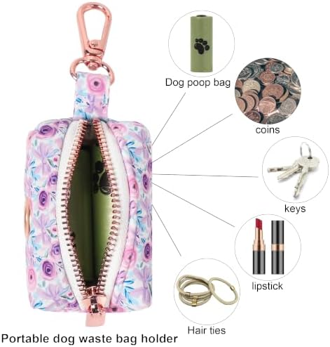 ARING PET Floral Dog Poop Bag Holder, Cotton Puppy Purple Rose Waste Bag Dispenser Attach to Any Leashes, Portable Washable Pet Waste Pouch Holder with Two Rolls of Bags