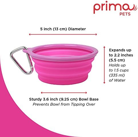 Prima Pet Collapsible Silicone Water Travel Bowl with Clip for Dog and Cat, Portable and Durable Pop-up Feeder for Convenient On-the-go Feeding - Size: Small (1.5 Cups) Pink - 2 Pack