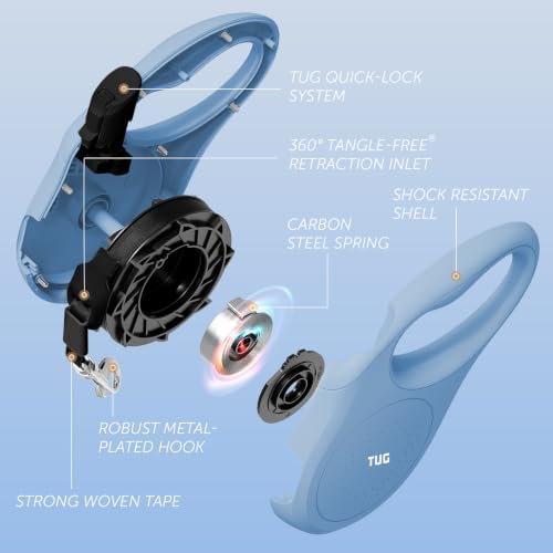 TUG Quest Retractable Dog Leash | 360° Tangle-Free | 16 ft Tape (L, Blue)
