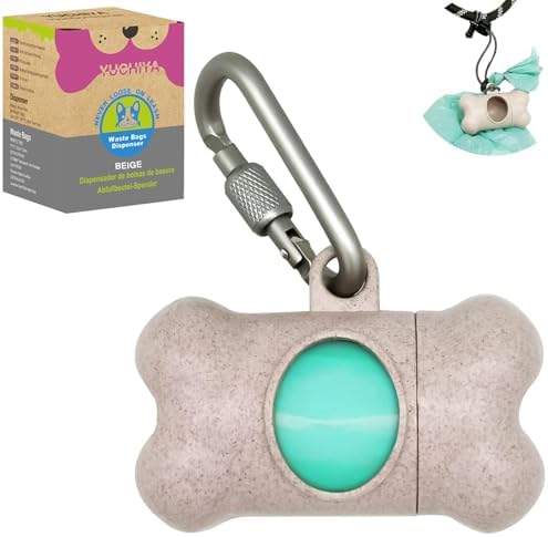 Dog Poop Pickup Bags Holder Dispenser with 1 Roll Random Color Leak-proof Scented Doggy Waste Bags and Carabiner with Safety Lock Plus Hook and Loop Fastener Never Loose on Leash Lead Again (Beige)