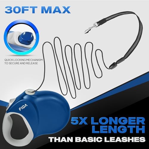 Fida Upgraded Retractable Dog Leash, 30ft, Heavy Duty, Blue
