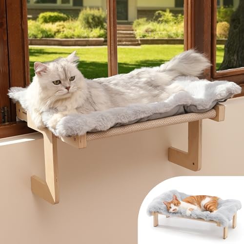 FUKUMARU Cat Window Perch, Sturdy Wood Hammock Window Bed for Indoor Cats