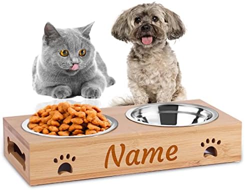 Elevated Bamboo Pet Bowls for Dogs and Cats, Customizable with Stainless Steel Bowls, Anti-Slip Feet