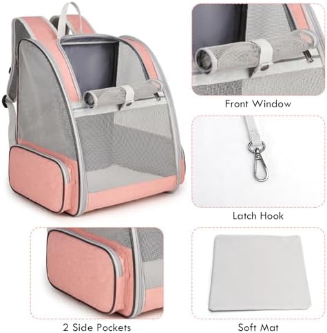 Cat Backpack Carrier, Large Pet Backpack with Kitten Wand Feather Toy for Medium Small Dog Cat Puppy Kitty Bunny up to 15lbs, Ventilated Mesh Dog Travel Carrier for Hiking Walking Outdoor Use (Pink)
