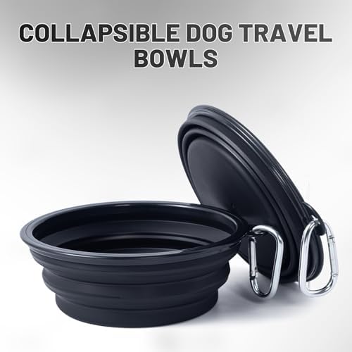 Dog Bowl Pet Collapsible Bowls, 2 Pack Collapsible Dog Water Bowls for Cats Dogs, Portable Pet Feeding Watering Dish for Walking Parking Traveling with 2 Carabiners (Black+Black, Medium)