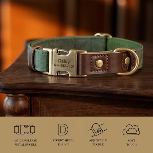 Personalized PU Leather Dog Collars,Quick Release Buckle,Green,M