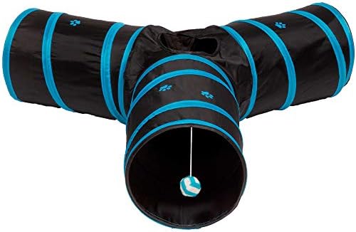 Cat Tunnel - Collapsible 3 Way Play Toy - Tube Fun for Rabbits, Kittens, and Dogs - Black/Aqua