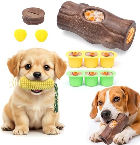 Corn Shape Dog Chew Toy for Small to Medium Dogs – Puppy Teething Toys with Squeaker; Tree Stump Chew Toy for Medium to Large Dogs – Design with Frozen Treat Molds & Peanut Butter Grooves