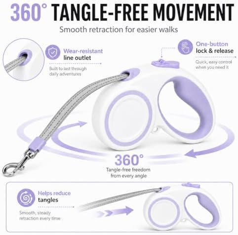 10-16FT,66LBS,Highly Reflective Retractable Dog Leash,M-Purple