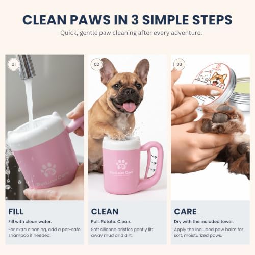 Dog Paw Cleaner, Paw Washer Cup with Soft Silicone Bristles, Portable Dog Foot Washer, 4-in-1 Paw Cleaner Kit with Paw Balm, Microfiber Towel & Grooming Brush (Pink Small)