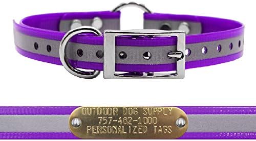 Reflective Waterproof D & Center Ring Dog Collar w Custom Name Tag, Purple