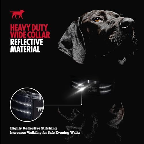 Tuff Pupper Heavy Duty Tactical Dog Collar | 1.5" Wide Ballistic Nylon | Reflective Stitching | Integrated ID Tag Holder | Stainless Steel Buckle | Padded Lining | Medium & Large Dogs (Black, Medium)