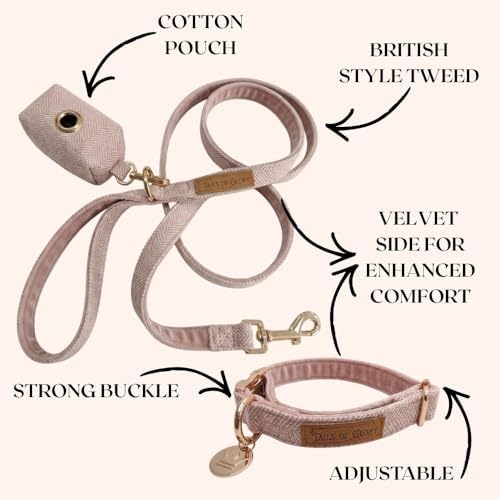 – Luxury 3-Piece Dog Walking Set – Adjustable Collar, 150 cm Leash, Poo Bag Holder – English Tweed & Soft Velvet – Elegant, Comfortable & Practical – 3 Colors