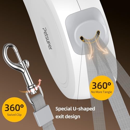 16Ft Retractable Dog Leash, One-Hand Brake Lock, 360° Tangle-Free Swivel, Sturdy Nylon Tape, Ergonomic Grip Handle for Small Medium Large Dogs (White)