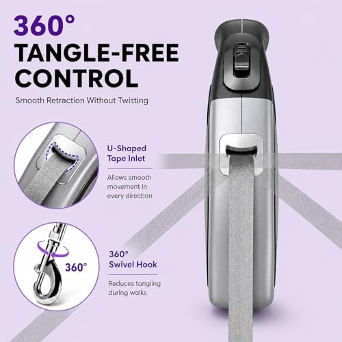 Heavy Duty Retractable Dog Leash-16ft Strong & Durable Walking Leash for S to L Dogs up to 45/115 lbs, Upgraded Lock System, Non Slip Grip, Tangle Free (Grey, Medium-Large Sized)