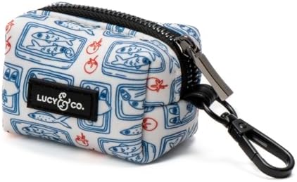Lucy & Co. Tinned Fish Dog Poop Bag Holder and Dispenser, Clips to Leash, Water-Repellent Neoprene, Includes Refill Roll