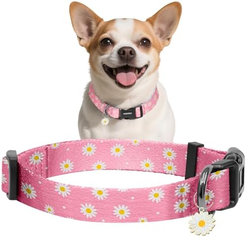 Kazazoo Dog Collar Cute and Soft Nylon Puppy Collar Girl Dogs, Adjustable Dog Collars for Extra Small Dogs, Pink Daisy-XS