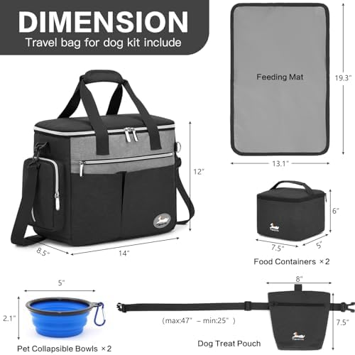 Dog Travel Bag for Pet Kit for Supplies with 2 Food Storage Containers 2 Collapsible Bowls 1 Feeding Mat 1 Dog Treat Pouch 7-Piece Set Perfect Road Trips Camping Weekend (Black)
