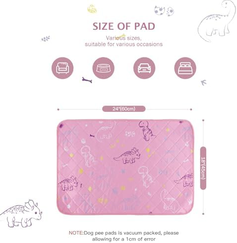 IEUUMLER Washable Pee Pads for Dogs, 2 Pack Non-Slip & Waterproof Pack Whelping Pad, Reusable Washable Puppy Potty Training Pad with Fast Absorbent for Playpen EU007 (Pink Dinosaur, 24"X18"-2pcs)