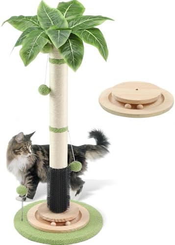 39.4'' Tall Cat Scratching Post,3.5 Inch Wide Sisal Cat Scratcher Tree with Leaves,Interactive Cat Toys for Indoor