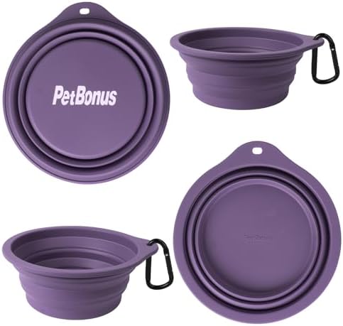 PetBonus 2-Pack Silicone Collapsible Dog Bowls, BPA Free Dishwasher Safe, Portable Foldable Expandable Travel Bowl, Food Water Feeding Cup Dish for Dogs Cats with 2 Carabiners (Black, Dark Purple)