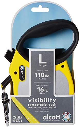 alcott Visibility Retractable Reflective Belt Leash, 16' Long, Large for Dogs Up to 110 lbs., Neon Yellow with Reflective Accents