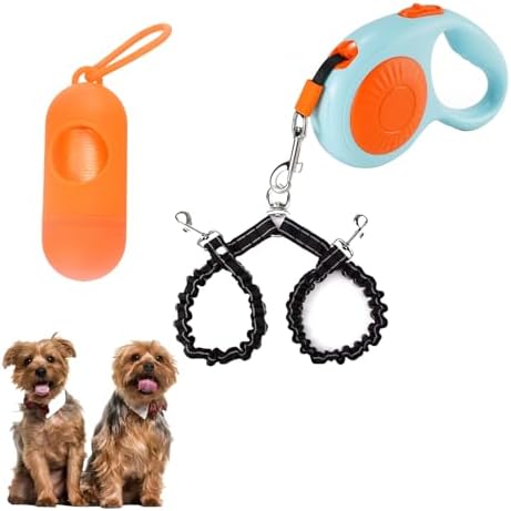 Double Dog Leash for Walking 2 Small Dogs (Up to 33 Lbs Each), Dual Retractable 9.8ft Extendable Strong Nylon Tape Pet Leash with Poop Bags, One-Handed Brake, Pause, Lock (Orange)