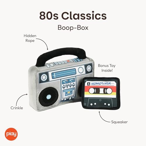 P.L.A.Y. Cute Plush Dog Toys - 1980s Classics Themed Durable Squeaker 2-in-1 Chew Toy, Great for Puppies & Small, Medium, Large Dogs - Machine Washable, Recycled Materials (Boop Box Boombox & Casette)