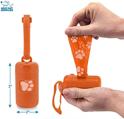 Best Pet Supplies Dog Poop Bag Holder Leash Attachment with Reusable Dispenser for Travel, Walking, Park, and Outdoor Use, Durable with Clip-On - Orange, Pack of 2, Plastic Dispenser w/30 Bags