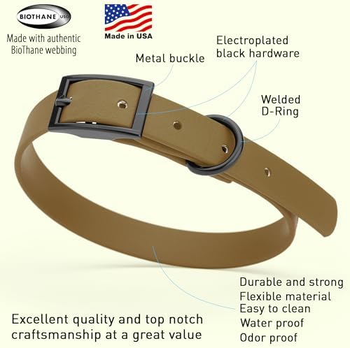 Dogline Biothane Waterproof Dog Collar Strong Coated Nylon Webbing with Black Hardware Odor- Proof for Easy Care Easy to Clean High Performance Fits Small Medium or Large Dogs, Coyote Brown