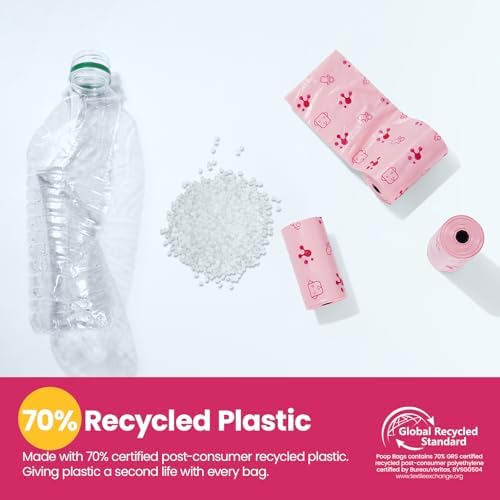 Dog Poop Bags Rolls with Retractable Poop Bag Holder, Leak Proof and Extra Thick Lavender Pet Waste Bags, 70% Recycled GRS Certified, 1 Dispenser and 105 Bags for Doggy Walking & Cat Litter
