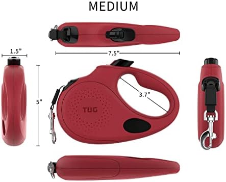 TUG Oval 360° Tangle-Free Retractable Dog Leash with Integrated Waste Bag Dispenser (Medium, Red)