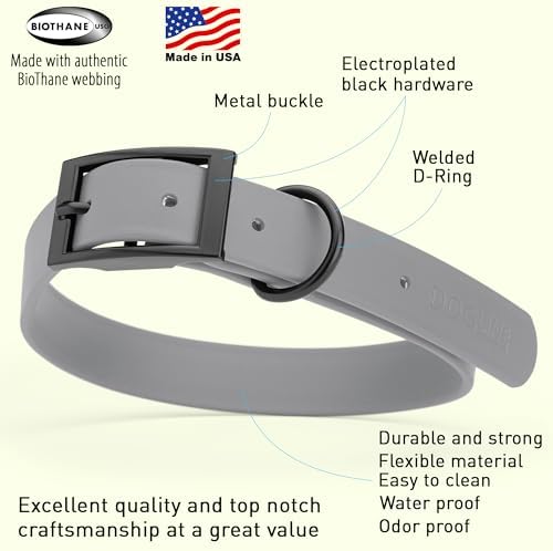 Dogline Biothane Waterproof Dog Collar Strong Coated Nylon Webbing with Black Hardware Odor- Proof for Easy Care Easy to Clean High Performance Fits Small Medium or Large Dogs, Battleship Gray