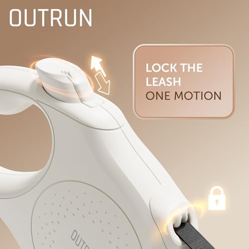 OUTRUN Retractable Dog Leash 16.5 FT Walking Leash up to 55 Lbs, Strong Nylon Tape No Tangle, Heavy Duty One-Handed Brake Lock Perfect for Small & Medium Sized Dogs and Pets (Cream White)